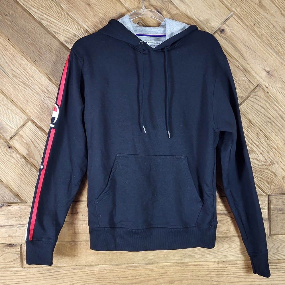 Champion Hoodie Mens Small Graphic Sleeve Logo Black Pullover Sweatshirt